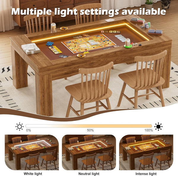 English Elm Gaming Table with Recessed Play Surface Led Lighting Drawers and Wood Grain Finish W3393P453908
