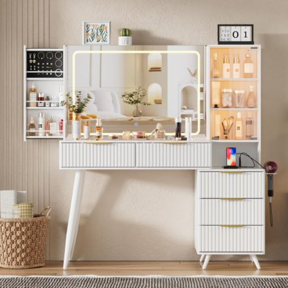 English Elm Makeup Vanity Desk with Fluted Panels Lighted Mirror and 11 Drawer Storage W3393S00006
