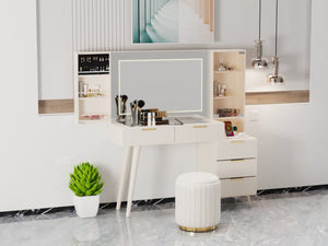 English Elm Makeup Vanity Desk with Fluted Panels Lighted Mirror and 11 Drawer Storage W3393S00006