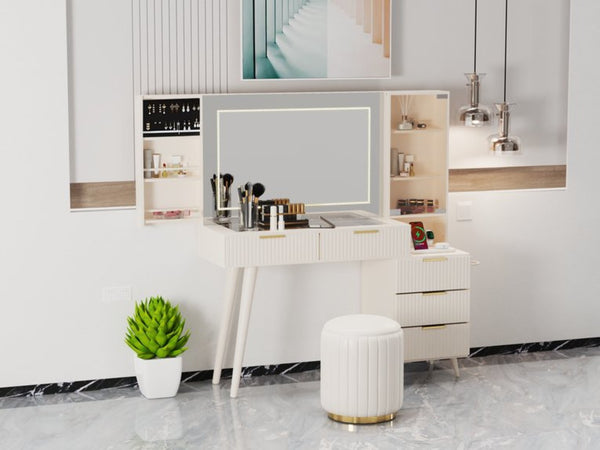 English Elm Makeup Vanity Desk with Fluted Panels Lighted Mirror and 11 Drawer Storage W3393S00006