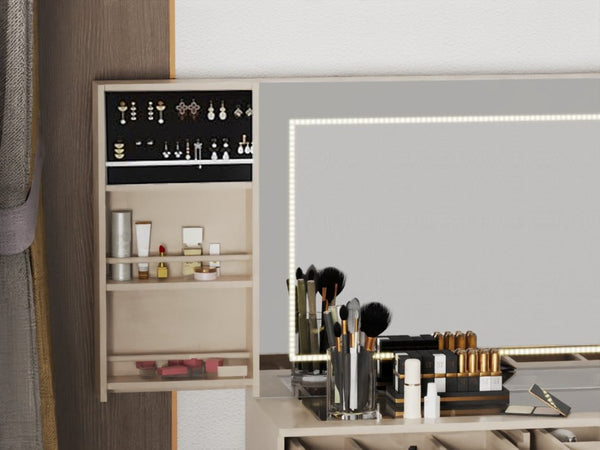 English Elm Makeup Vanity Desk with Fluted Panels Lighted Mirror and 11 Drawer Storage W3393S00006