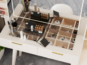English Elm Makeup Vanity Desk with Fluted Panels Lighted Mirror and 11 Drawer Storage W3393S00006