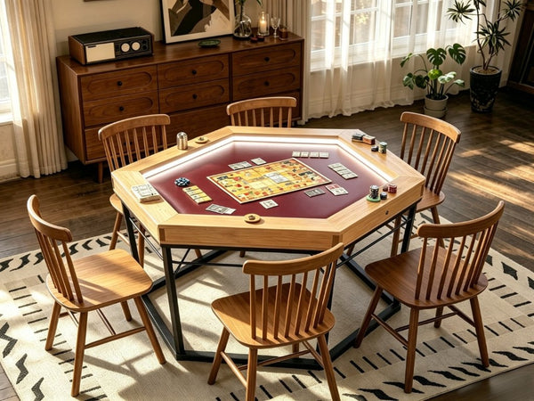 English Elm Dining/Gaming Hexagonal Table with Recessed Play Area Iron Frame Seats Six Players W3393S00009