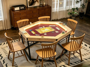 English Elm Dining/Gaming Hexagonal Table with Recessed Play Area Iron Frame Seats Six Players W3393S00009
