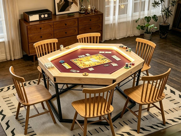 English Elm Dining/Gaming Hexagonal Table with Recessed Play Area Iron Frame Seats Six Players W3393S00009