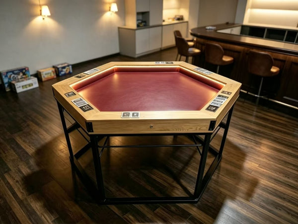 English Elm Dining/Gaming Hexagonal Table with Recessed Play Area Iron Frame Seats Six Players W3393S00009