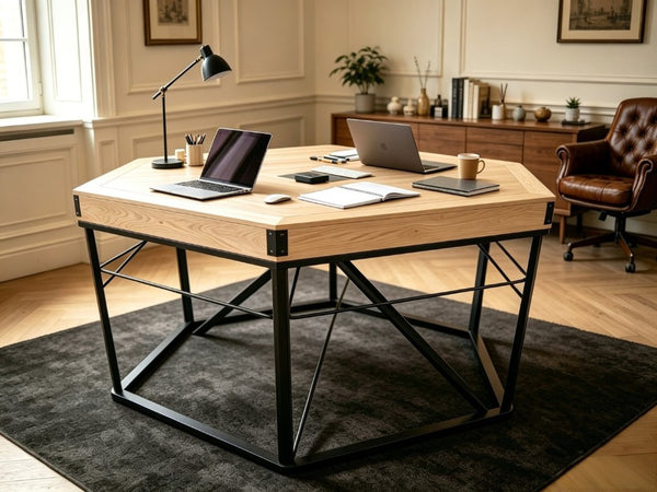 English Elm Dining/Gaming Hexagonal Table with Recessed Play Area Iron Frame Seats Six Players W3393S00009