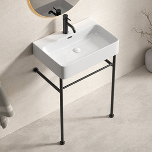 English Elm Freestanding Console Sink White Ceramic Basin Matte Black Steel Frame Powder Room W3402P510137