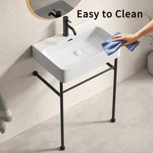 English Elm Freestanding Console Sink White Ceramic Basin Matte Black Steel Frame Powder Room W3402P510137