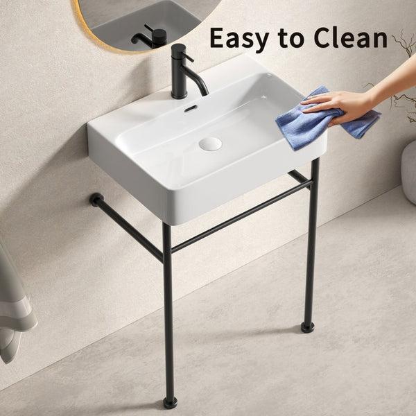 English Elm Freestanding Console Sink White Ceramic Basin Matte Black Steel Frame Powder Room W3402P510137