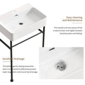 English Elm Freestanding Console Sink White Ceramic Basin Matte Black Steel Frame Powder Room W3402P510137