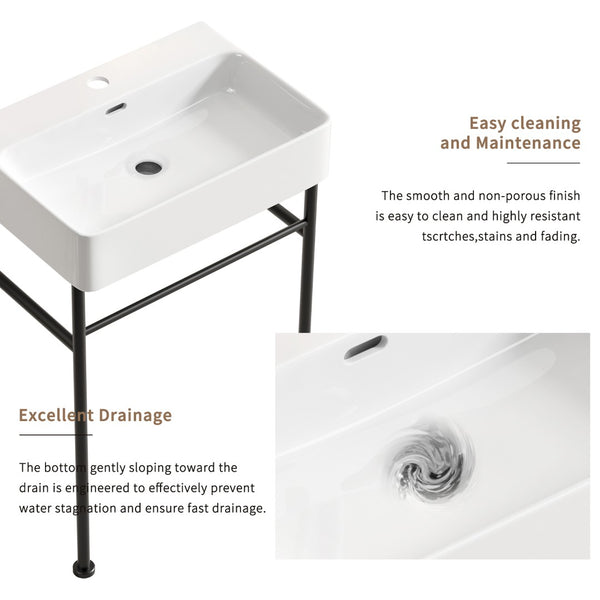 English Elm Freestanding Console Sink White Ceramic Basin Matte Black Steel Frame Powder Room W3402P510137