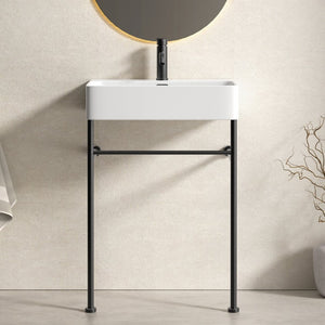 English Elm Freestanding Console Sink White Ceramic Basin Matte Black Steel Frame Powder Room W3402P510137