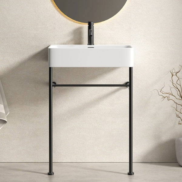 English Elm Freestanding Console Sink White Ceramic Basin Matte Black Steel Frame Powder Room W3402P510137