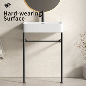 English Elm Freestanding Console Sink White Ceramic Basin Matte Black Steel Frame Powder Room W3402P510137