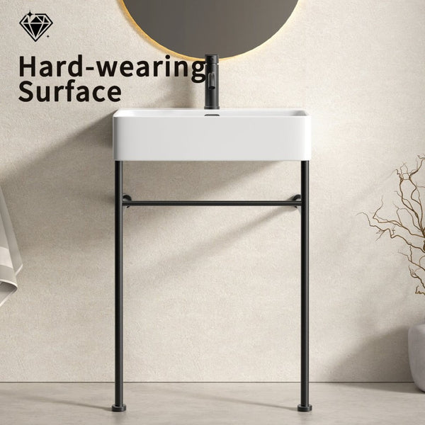 English Elm Freestanding Console Sink White Ceramic Basin Matte Black Steel Frame Powder Room W3402P510137
