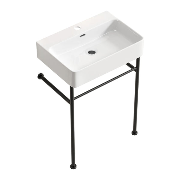 English Elm Freestanding Console Sink White Ceramic Basin Matte Black Steel Frame Powder Room W3402P510137