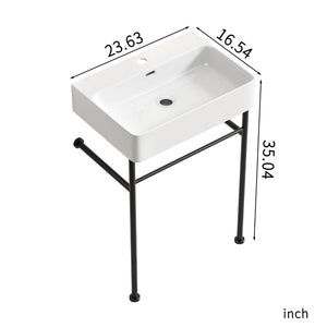 English Elm Freestanding Console Sink White Ceramic Basin Matte Black Steel Frame Powder Room W3402P510137