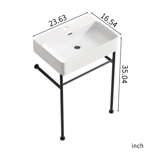 English Elm Freestanding Console Sink White Ceramic Basin Matte Black Steel Frame Powder Room W3402P510137