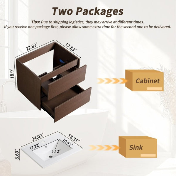 English Elm 24 Inch Floating Bathroom Vanity with Ceramic Sink Plywood Cabinet Wall Mounted Storage W3402S00007