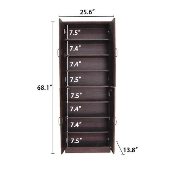 English Elm 68-inch Walnut Shoe Cabinet with Mirror 8 Adjustable Tiers Modern Entryway Storage W3417P329677
