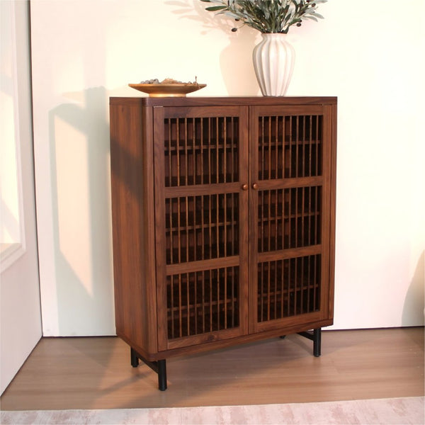 English Elm Shoe Cabinet with Louvered Doors Six Tier Walnut Finish Entryway Storage Organizer W3417P388712