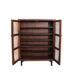 English Elm Shoe Cabinet with Louvered Doors Six Tier Walnut Finish Entryway Storage Organizer W3417P388712