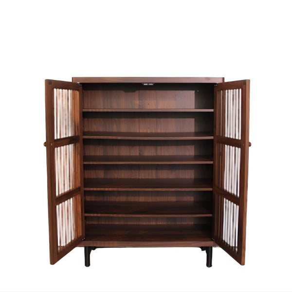 English Elm Shoe Cabinet with Louvered Doors Six Tier Walnut Finish Entryway Storage Organizer W3417P388712