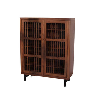 English Elm Shoe Cabinet with Louvered Doors Six Tier Walnut Finish Entryway Storage Organizer W3417P388712