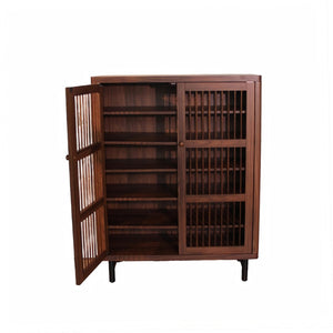 English Elm Shoe Cabinet with Louvered Doors Six Tier Walnut Finish Entryway Storage Organizer W3417P388712