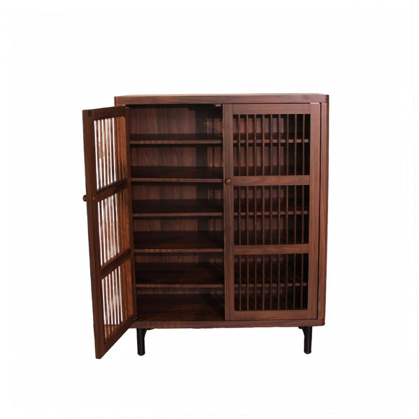 English Elm Shoe Cabinet with Louvered Doors Six Tier Walnut Finish Entryway Storage Organizer W3417P388712