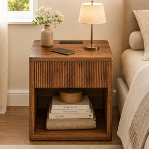 English Elm Night Stand Fluted Mid Century Modern Bedside Table with Drawer Open Storage Shelf Walnut W3417P499351