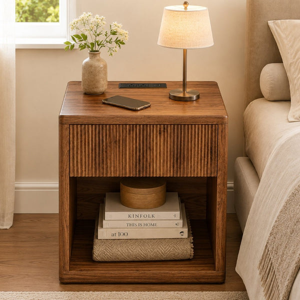 English Elm Night Stand Fluted Mid Century Modern Bedside Table with Drawer Open Storage Shelf Walnut W3417P499351