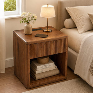English Elm Night Stand Fluted Mid Century Modern Bedside Table with Drawer Open Storage Shelf Walnut W3417P499351