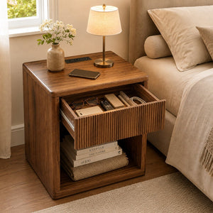 English Elm Night Stand Fluted Mid Century Modern Bedside Table with Drawer Open Storage Shelf Walnut W3417P499351