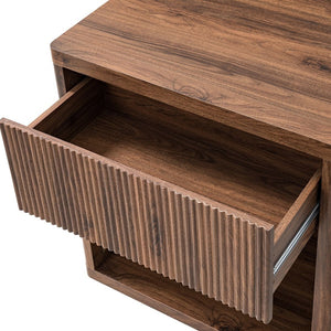 English Elm Night Stand Fluted Mid Century Modern Bedside Table with Drawer Open Storage Shelf Walnut W3417P499351