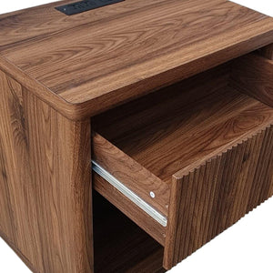 English Elm Night Stand Fluted Mid Century Modern Bedside Table with Drawer Open Storage Shelf Walnut W3417P499351