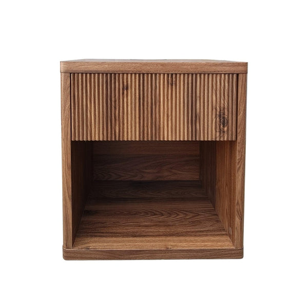 English Elm Night Stand Fluted Mid Century Modern Bedside Table with Drawer Open Storage Shelf Walnut W3417P499351