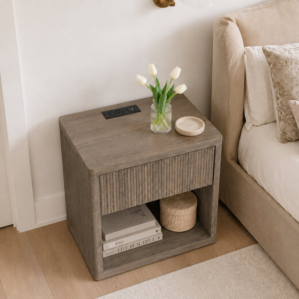 English Elm Night Stand Fluted Mid Century Modern Bedside Table with Drawer Open Storage Shelf Greige W3417P499355