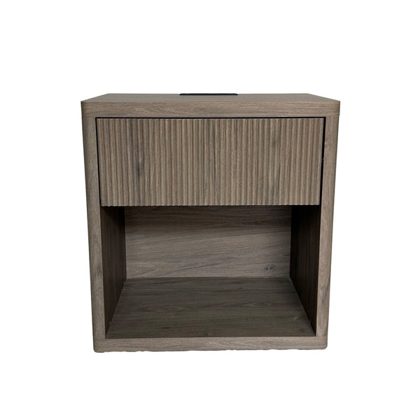 English Elm Night Stand Fluted Mid Century Modern Bedside Table with Drawer Open Storage Shelf Greige W3417P499355