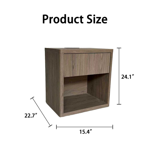 English Elm Night Stand Fluted Mid Century Modern Bedside Table with Drawer Open Storage Shelf Greige W3417P499355