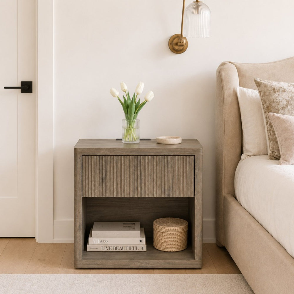 English Elm Night Stand Fluted Mid Century Modern Bedside Table with Drawer Open Storage Shelf Greige W3417P499355