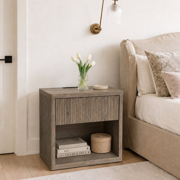 English Elm Night Stand Fluted Mid Century Modern Bedside Table with Drawer Open Storage Shelf Greige W3417P499355