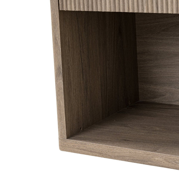 English Elm Night Stand Fluted Mid Century Modern Bedside Table with Drawer Open Storage Shelf Greige W3417P499355