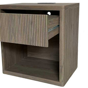 English Elm Night Stand Fluted Mid Century Modern Bedside Table with Drawer Open Storage Shelf Greige W3417P499355