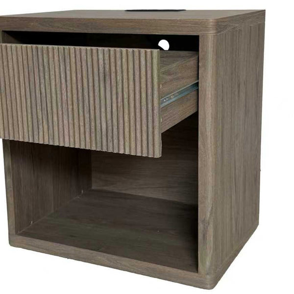 English Elm Night Stand Fluted Mid Century Modern Bedside Table with Drawer Open Storage Shelf Greige W3417P499355