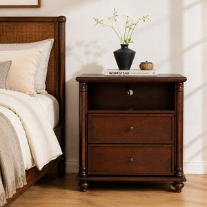 English Elm 28"nightstand Farmhouse Matte Finish Solid Wood Legs Built-in Charging Station Bedroom Bedside Walnut W3417P499356