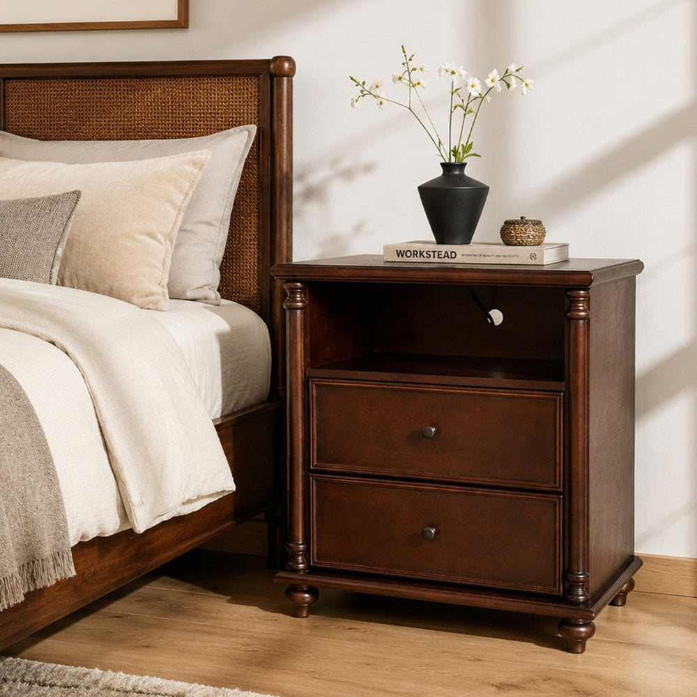 English Elm 28"nightstand Farmhouse Matte Finish Solid Wood Legs Built-in Charging Station Bedroom Bedside Walnut W3417P499356