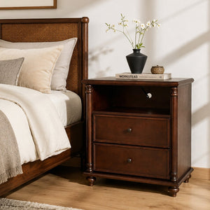 English Elm 28"nightstand Farmhouse Matte Finish Solid Wood Legs Built-in Charging Station Bedroom Bedside Walnut W3417P499356
