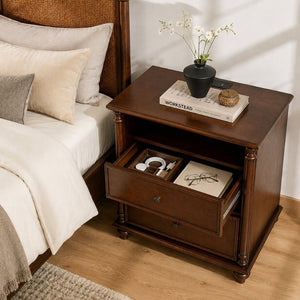 English Elm 28"nightstand Farmhouse Matte Finish Solid Wood Legs Built-in Charging Station Bedroom Bedside Walnut W3417P499356
